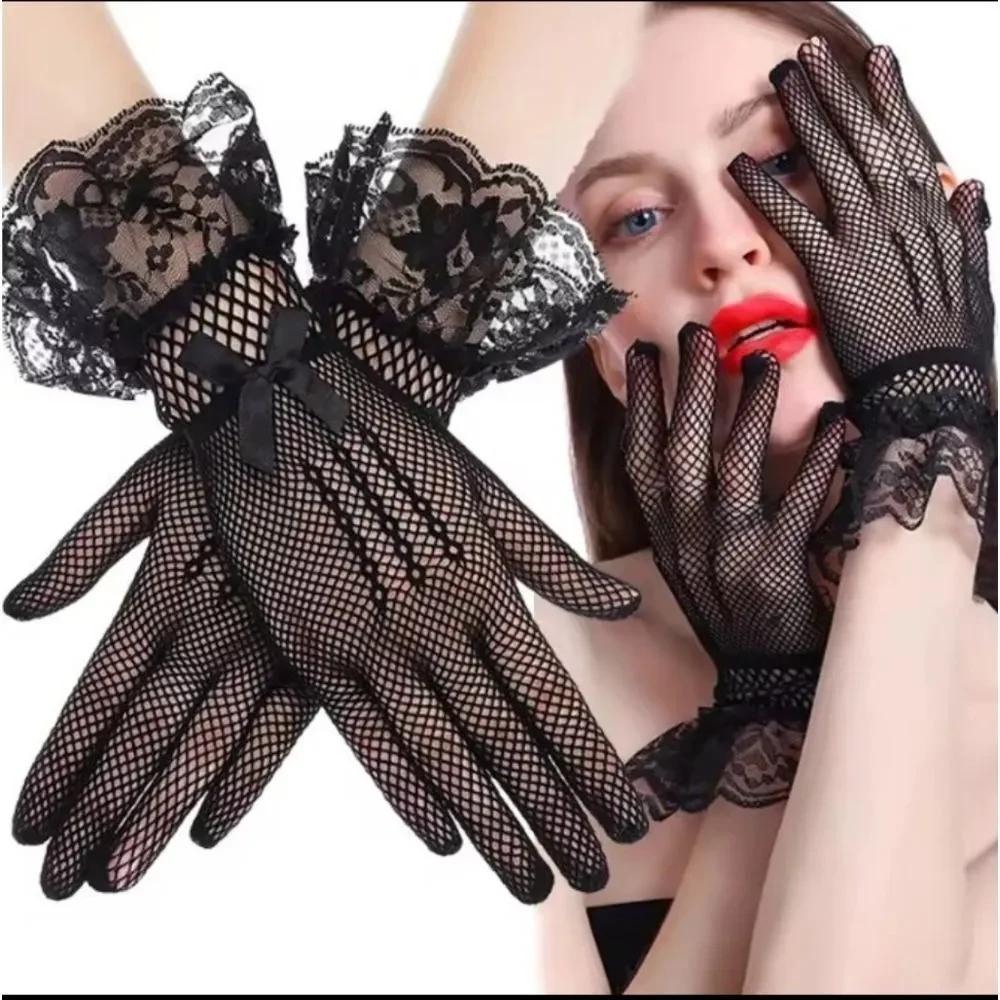 Sophisticated Black Lace Mesh Gloves Women Lace Gloves for Wedding Elegant Short